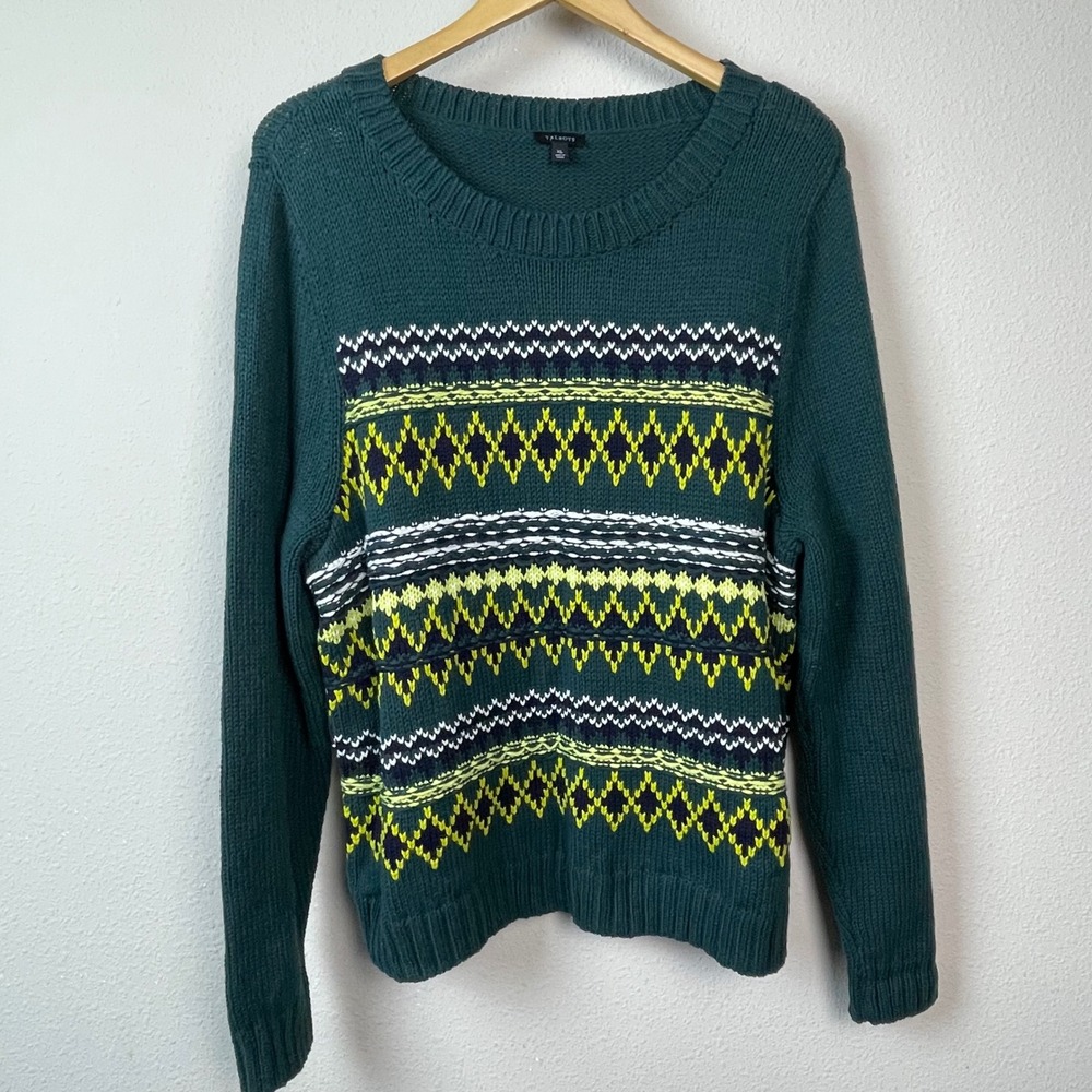 Talbots Fair Isle Sweater Womens XL Green Yellow Cotton Blend Pullover Excellent